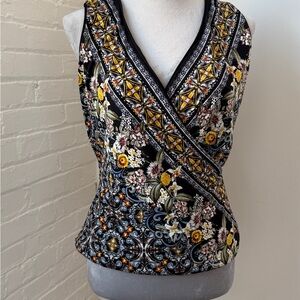 White House Black Market Multicolor Floral Reversible to Black Wrap Top